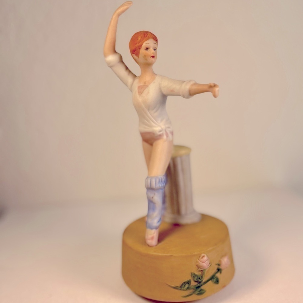 Rare Glass Vintage Music Box Ballerina Red Hair Rose Base Spins 8 Inch Tall 3 W
